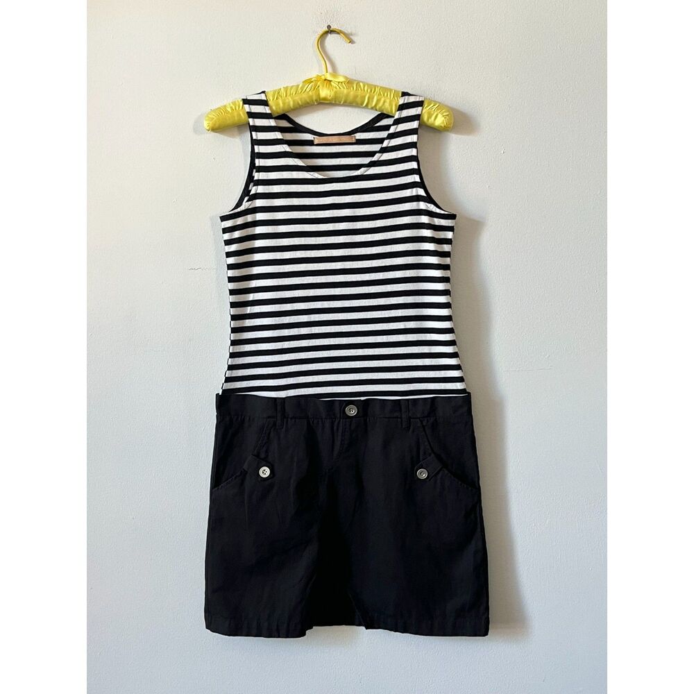 Striped Drop Waist Tank Mini Skirt Dress Black White Y2K Made In Japan M